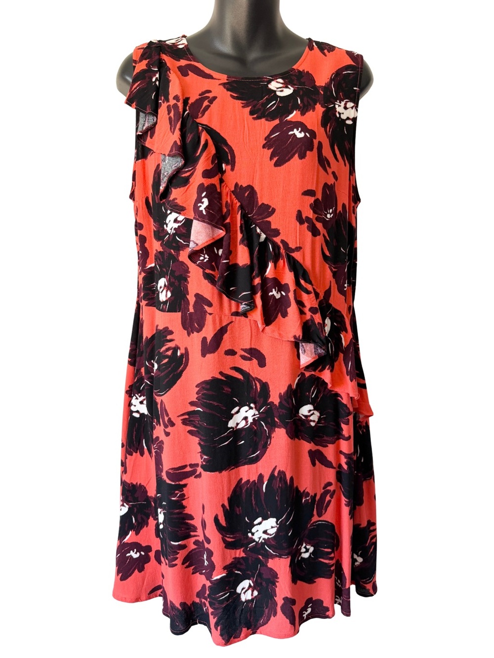 A New Day Floral Ruffle Sleeveless Dress Womens Medium Floral Red Black Shift